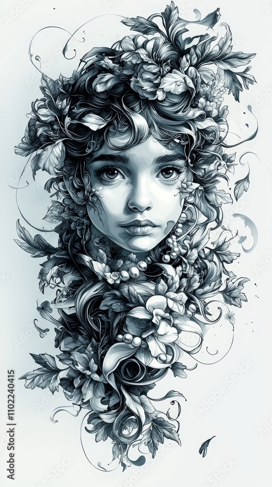 a black and white drawing of a woman with flowers in her hair, set against a white background a black and white drawing of a woman with flowers in her hair, set against a white background