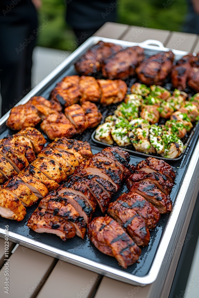 A variety of grilled meat options, including chicken, beef, and pork, displayed elegantly on a serving tray. A variety of grilled meat options, including chicken, beef, and pork, displayed elegantly on a serving tray.