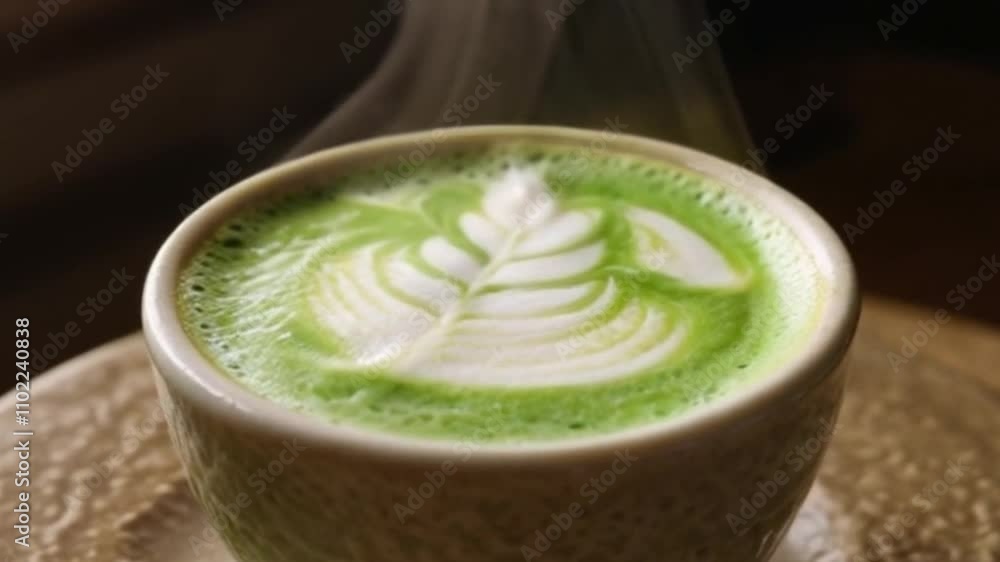 Macro Close-Up of Intricate Matcha Latte Art with Swirls and Foam Patterns Macro Close-Up of Intricate Matcha Latte Art with Swirls and Foam Patterns