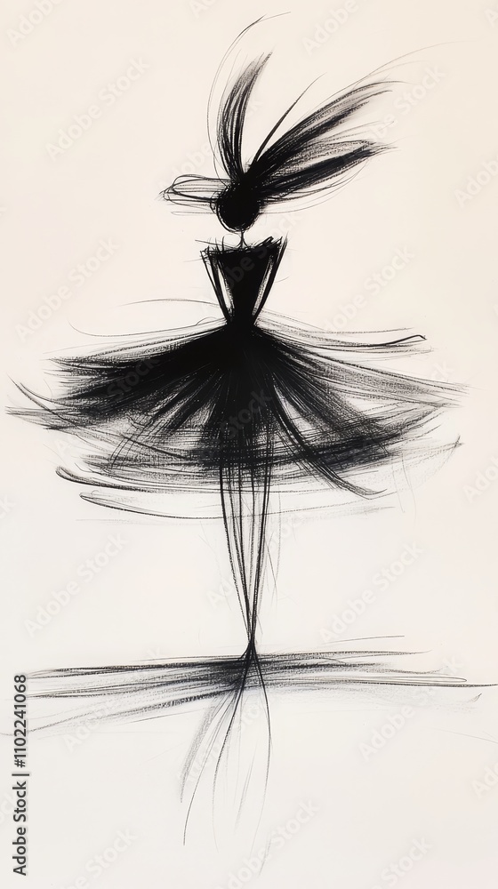 Obraz premium a black and white drawing of a ballerina in a tutu, with a white background The dress is detailed with intricate lines and curves, giving it a graceful and elegant