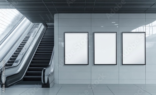 NYC Subway Station Escalator ad display mock-up poster media template. Realistic 3D render illustration photo