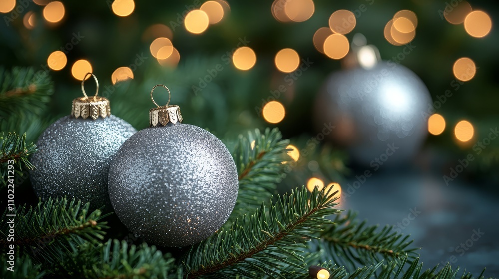 a Christmas tree adorned with silver ornaments and lights, creating a festive atmosphere The background is slightly blurred, giving the image a dreamy feel a Christmas tree adorned with silver ornaments and lights, creating a festive atmosphere The background is slightly blurred, giving the image a dreamy feel