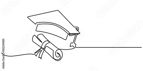 Graduation cap continuous one line drawing of outline education vector icon, Continuous cap one line art drawing of graduation hat concept outline vector, Graduation Single Line Icon, one line drawing