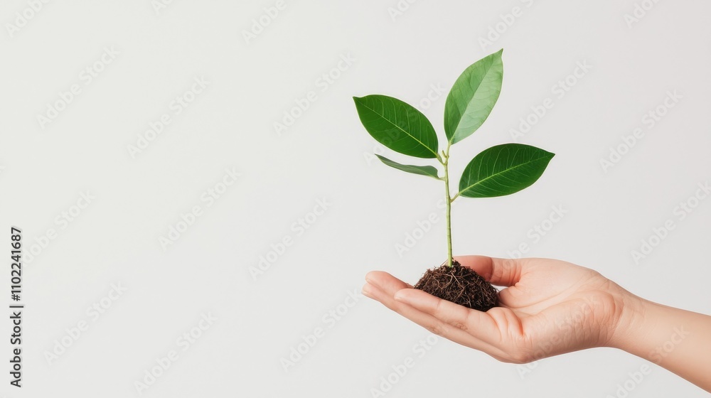 Hand Holding a Small Plant with Green Leaves on a Light Background Symbolizing Growth, Nurturing, and Environmental Awareness in Sustainable Living Practices Hand Holding a Small Plant with Green Leaves on a Light Background Symbolizing Growth, Nurturing, and Environmental Awareness in Sustainable Living Practices