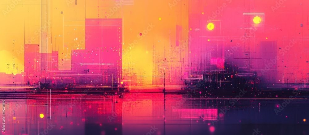 Obraz premium Abstract cityscape with a pink and yellow sky.