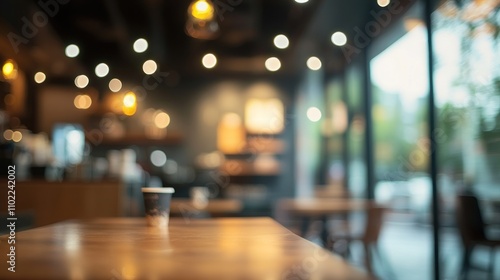 Wallpaper Mural Defocused Cafe Interior with a Single Coffee Cup on a Wooden Table Torontodigital.ca