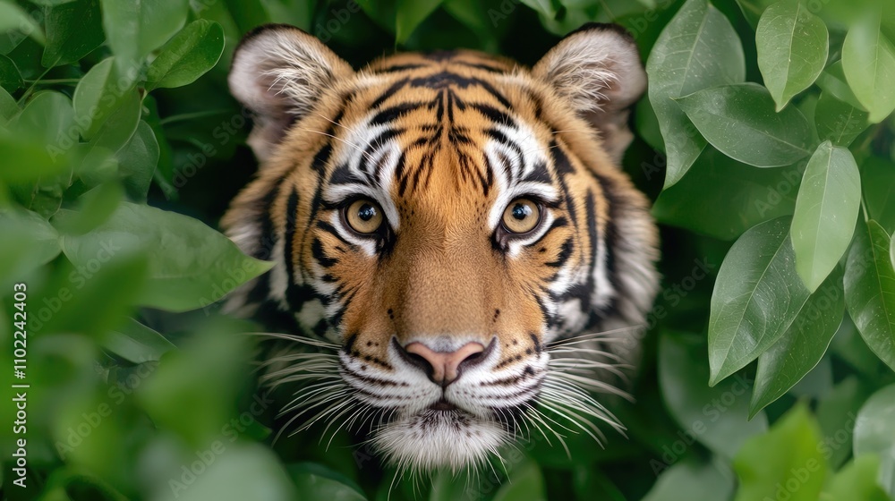 Majestic Close-Up of a Tiger Emerging from Lush Greenery, Capturing Its Intense Gaze and Striking Features in a Natural Habitat Majestic Close-Up of a Tiger Emerging from Lush Greenery, Capturing Its Intense Gaze and Striking Features in a Natural Habitat