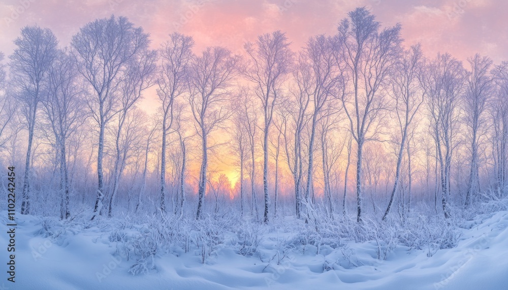 Frosty Birch Trees in a Snowy Forest at Sunset Frosty Birch Trees in a Snowy Forest at Sunset