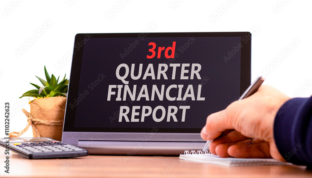3rd quarter financial report symbol. Concept words 3rd quarter financial report on beautiful black tablet. Beautiful white background. Business 3rd quarter financial report concept. Copy space. 3rd quarter financial report symbol. Concept words 3rd quarter financial report on beautiful black tablet. Beautiful white background. Business 3rd quarter financial report concept. Copy space.