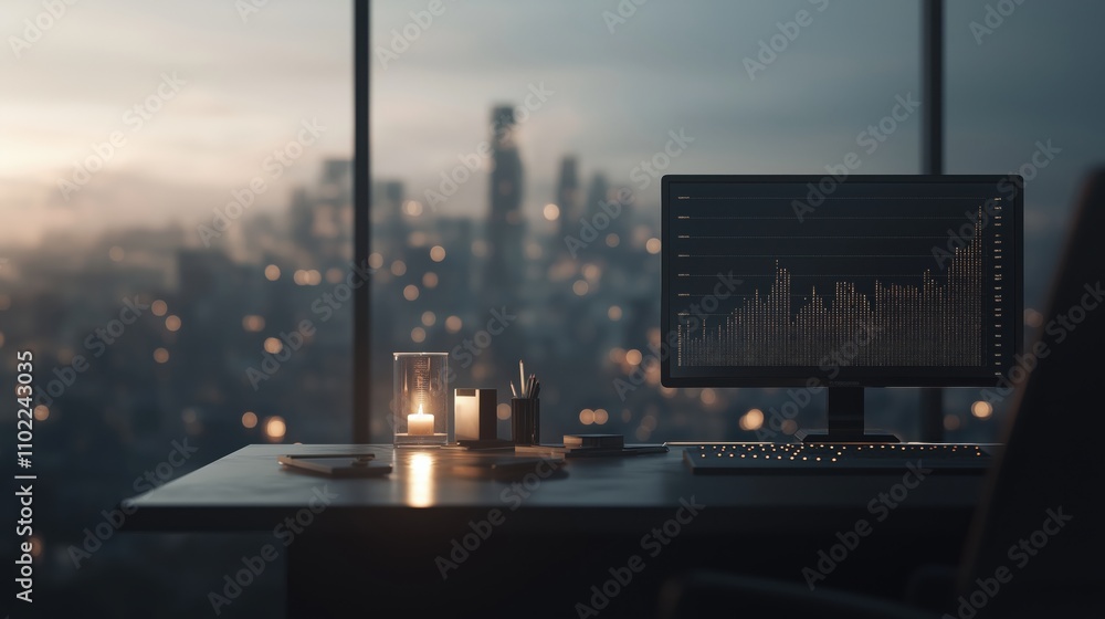 Obraz premium A computer monitor is on a desk with a candle and a keyboard