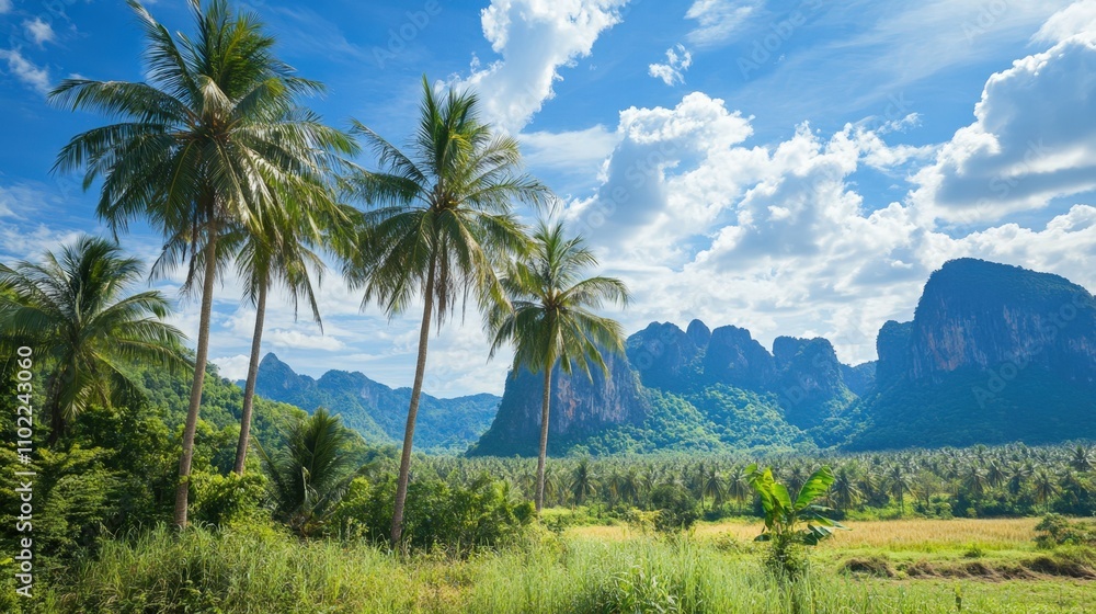 tropical landscape with tall palm trees and mountains, warm sunny day, vacation destination, tropical landscape with tall palm trees and mountains, warm sunny day, vacation destination,