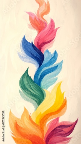  a vibrant painting of colorful feathers on a beige background The feathers are painted in a variety of colors, including red, orange, yellow, green, blue, and purp photo