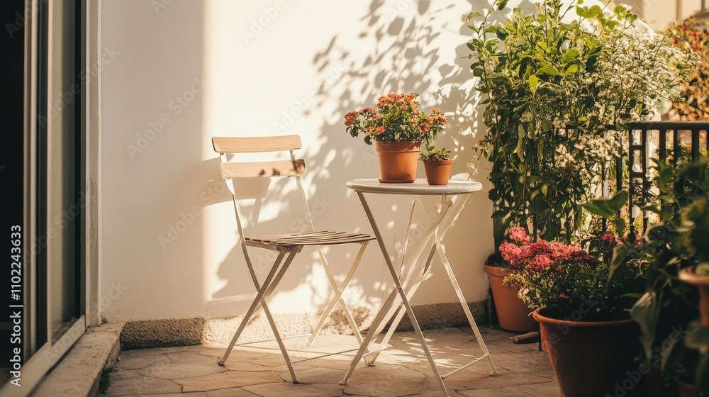 Fototapeta premium A small balcony with a simple chair, a tiny round table, and potted flowers,
