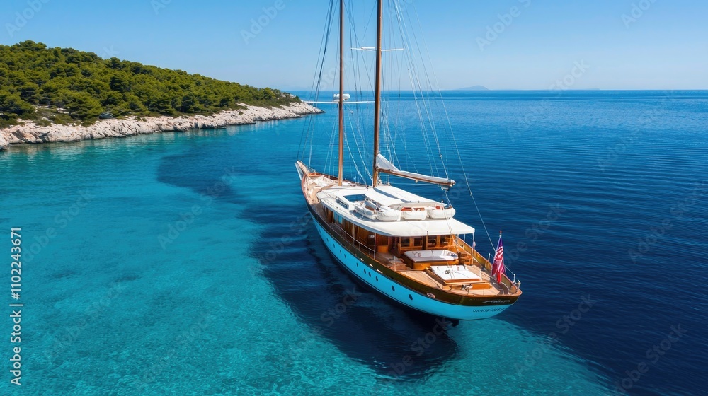 A Majestic Yacht Anchored in Serene Turquoise Waters with Lush Greenery on Rocky Shores under a Clear Blue Sky A Majestic Yacht Anchored in Serene Turquoise Waters with Lush Greenery on Rocky Shores under a Clear Blue Sky