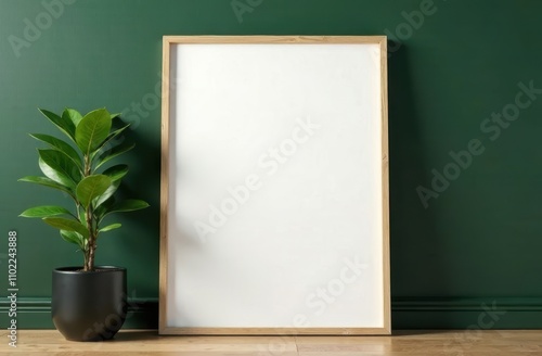 Poster frame mockup, front view, with plant in pot, blank copy space on green background.