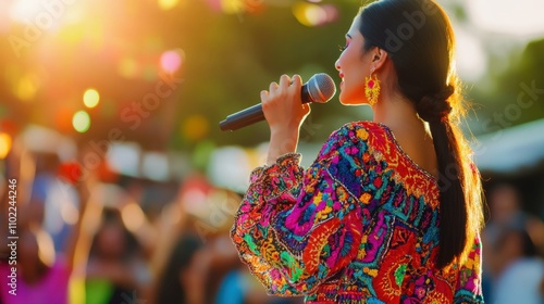 A female mariachi singer in a bright embroidered dress, holding a microphone, blurred cheering crowd in the background, photo