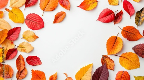Autumn leaves in various colors isolated on white background, seasonal symbol, vibrant fall colors, simple layout,
