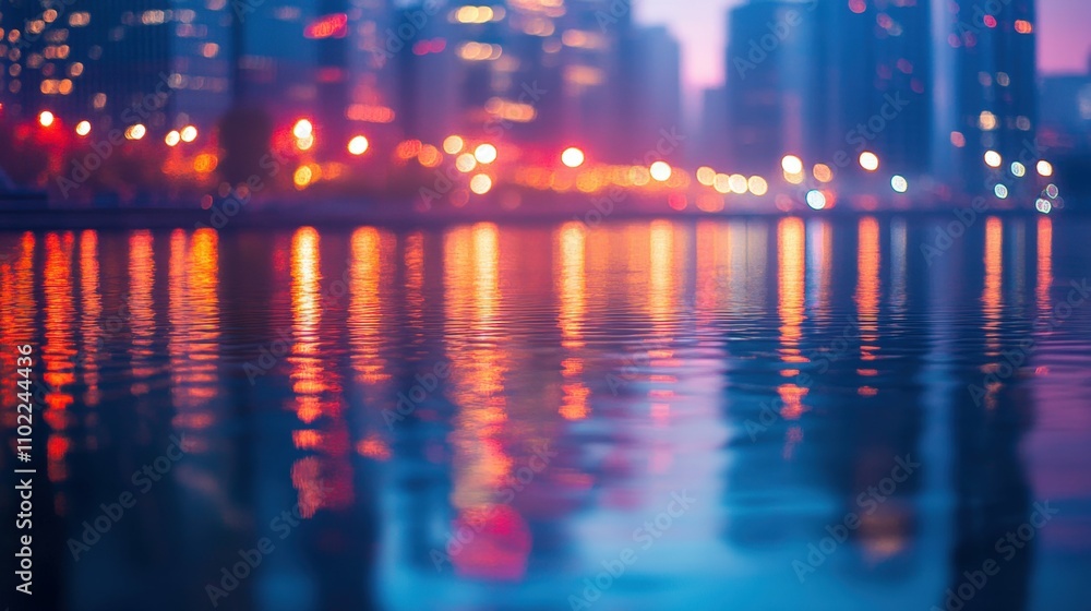 Fototapeta premium Bright waterfront background with water reflection in the foreground, evening atmosphere, city landscape,