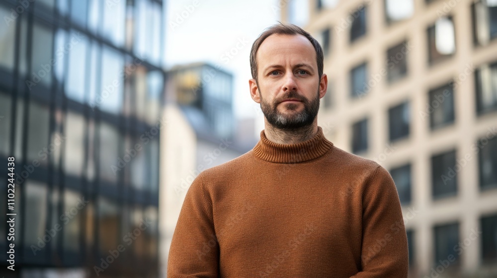 Businessman in casual outfit with serious expression in modern urban background, office buildings in blur, soft daylight, Businessman in casual outfit with serious expression in modern urban background, office buildings in blur, soft daylight,