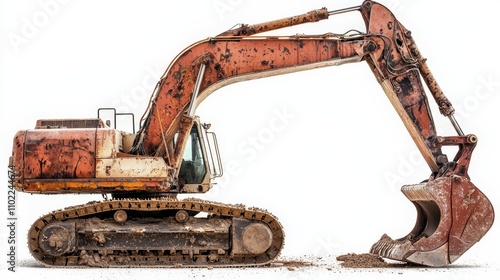  an old, rusty excavator on a white background The excavator is in a state of disrepair, with rust and discoloration visible on its body The white background provi photo