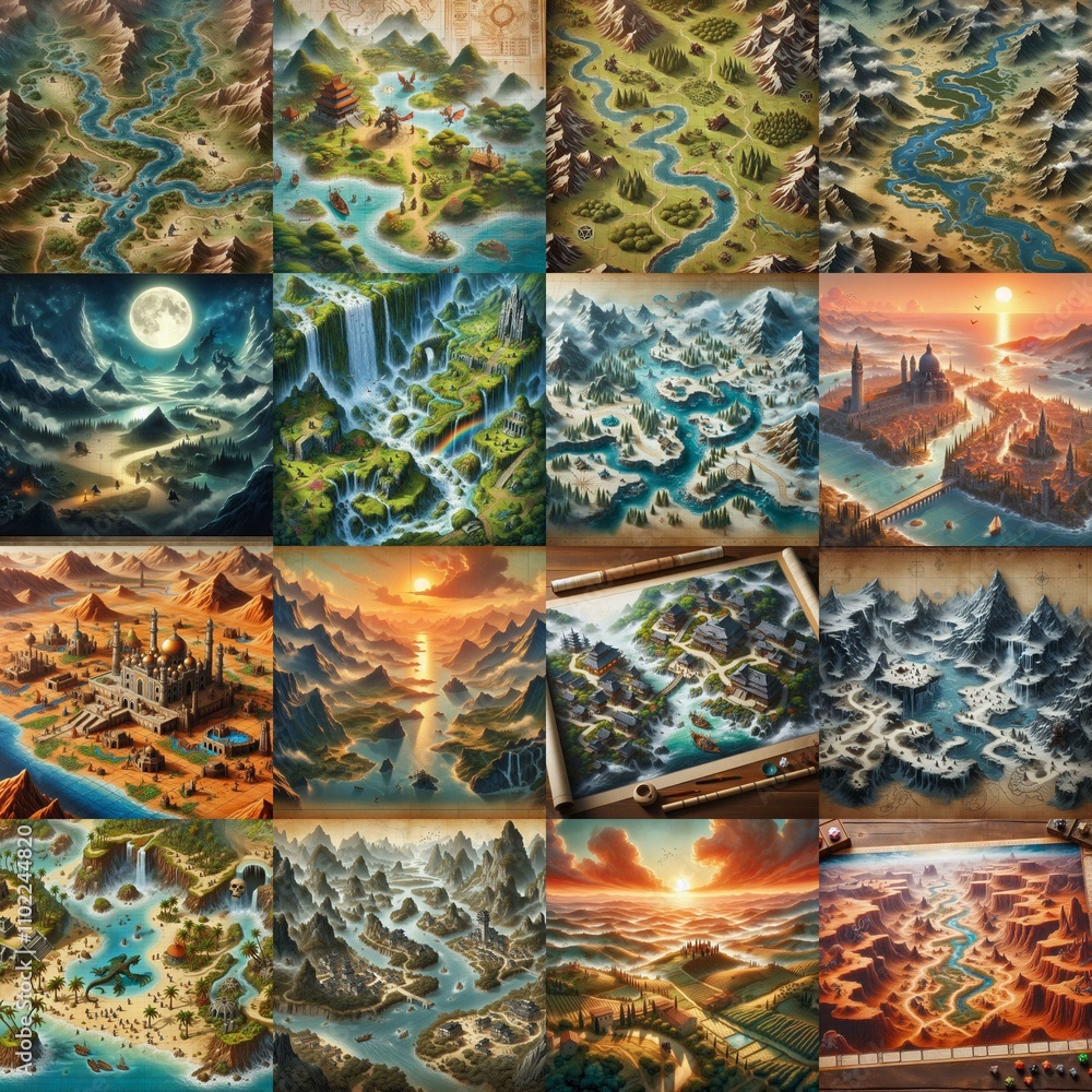 Fototapeta premium Different Battlemaps landscapes illustration. AI generated illustration