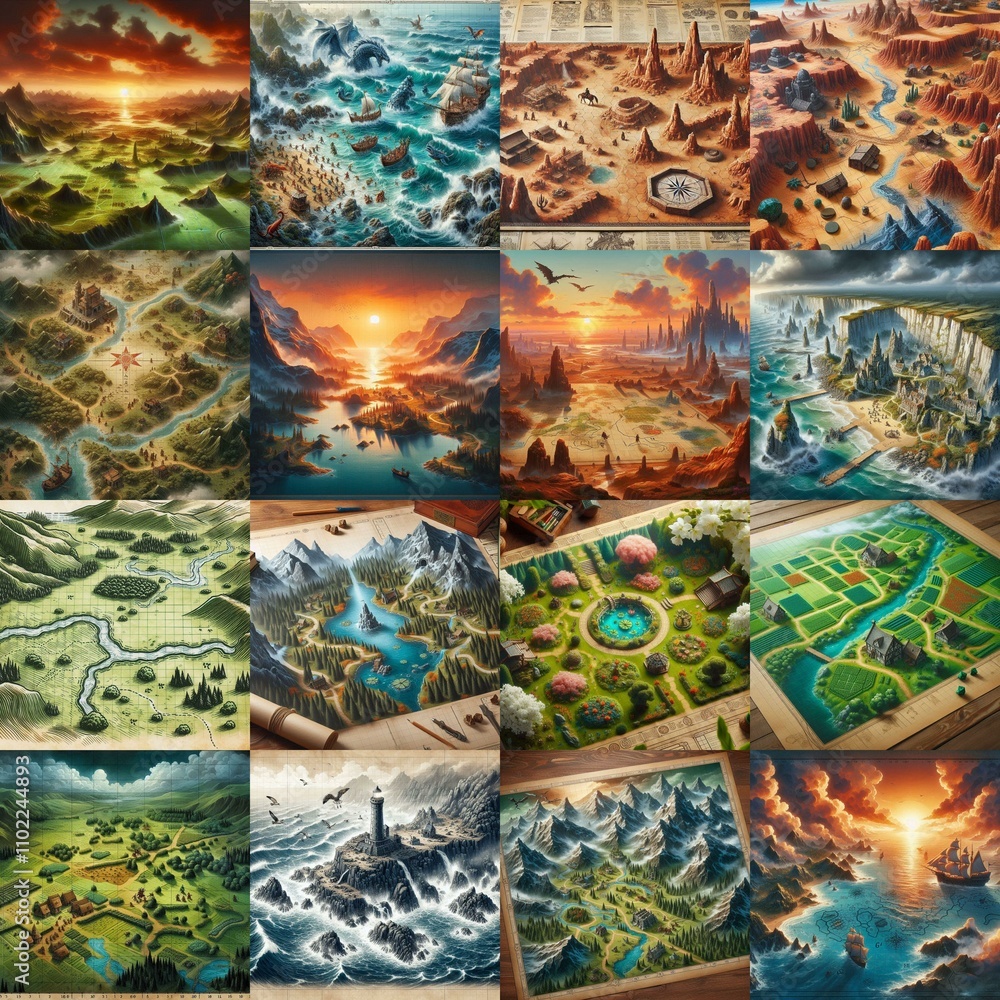 Different Battlemaps landscapes illustration. AI generated illustration Different Battlemaps landscapes illustration. AI generated illustration