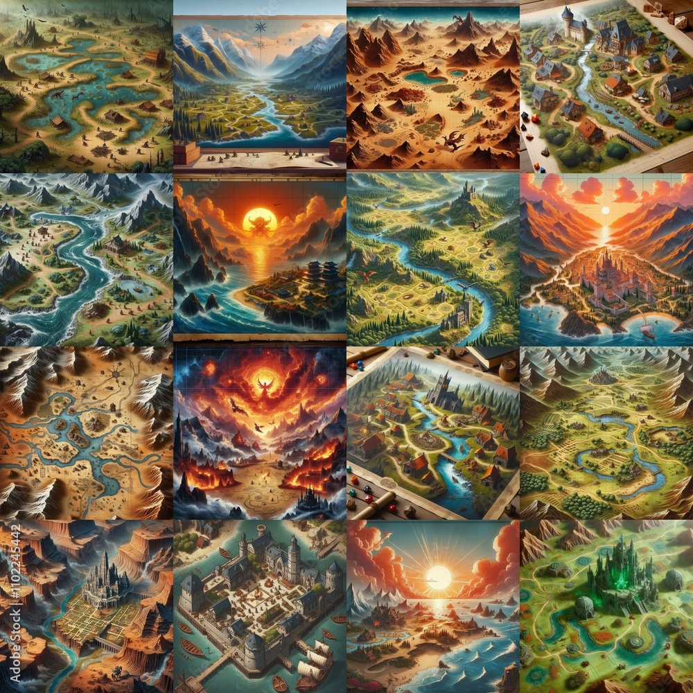 Fototapeta premium Different Battlemaps landscapes illustration. AI generated illustration