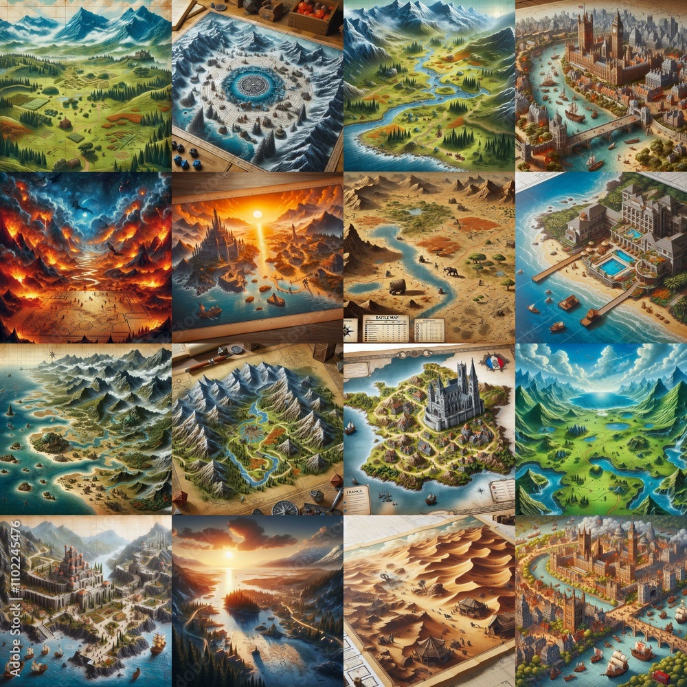 Different Battlemaps landscapes illustration. AI generated illustration Different Battlemaps landscapes illustration. AI generated illustration