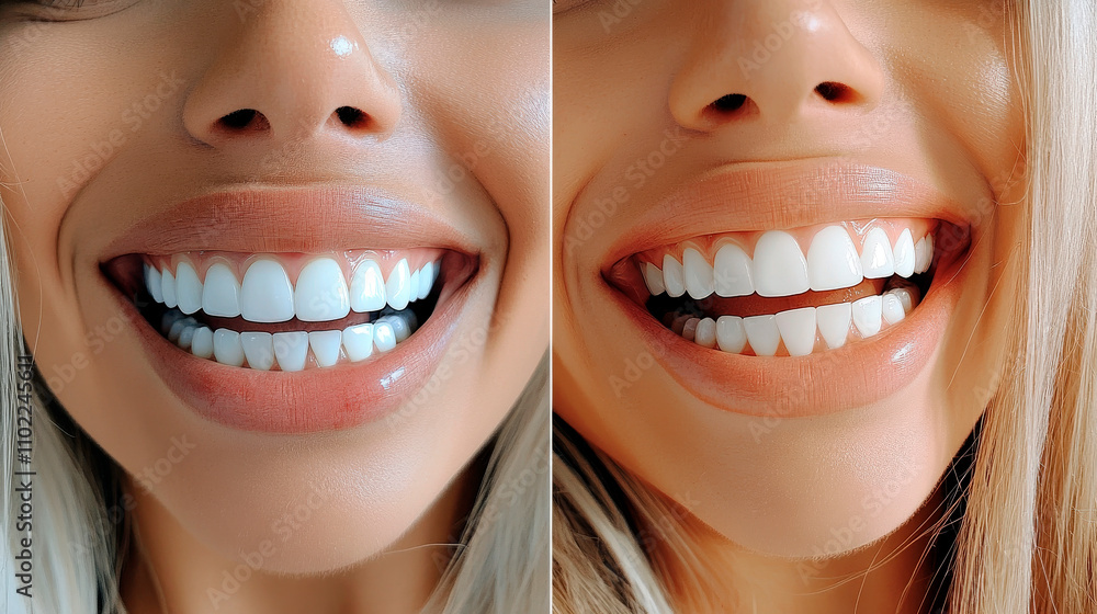 Split image of teeth before and after whitening Split image of teeth before and after whitening