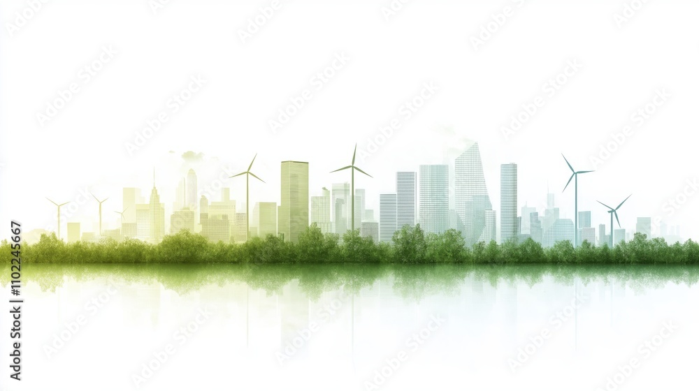 A city skyline with windmills and trees A city skyline with windmills and trees