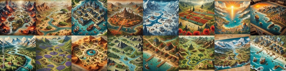 Fototapeta premium Different Battlemaps landscapes illustration. AI generated illustration