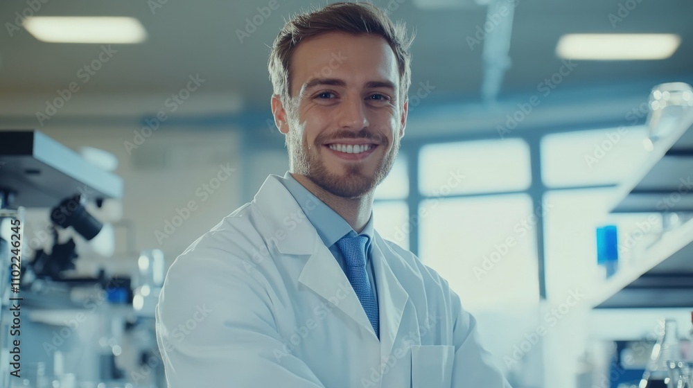 scientist in white coat smiling confidently in a lab with advanced equipment, bright and clean environment, professional setting scientist in white coat smiling confidently in a lab with advanced equipment, bright and clean environment, professional setting