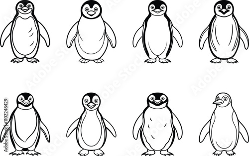 A group of penguins illustrated vector art on a white background.