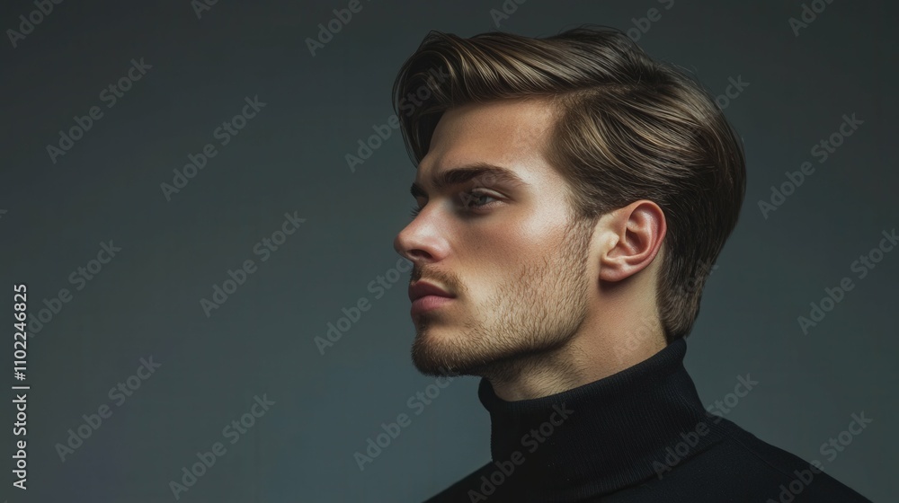 A man with a classic slick-back hairstyle, subtle shine, clean shaven, A man with a classic slick-back hairstyle, subtle shine, clean shaven,