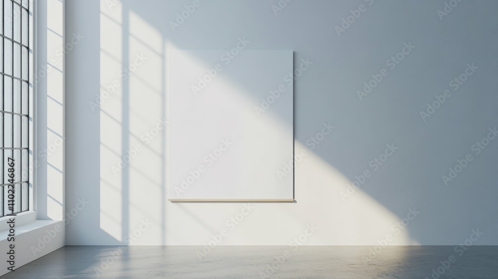 White poster on plain wall in minimalist office space, daytime ambient lighting, White poster on plain wall in minimalist office space, daytime ambient lighting,