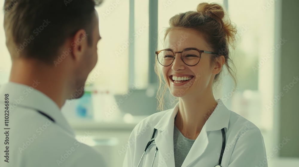 nurses and doctors in uniform happily interacting in bright clinic, natural lighting, cheerful scene nurses and doctors in uniform happily interacting in bright clinic, natural lighting, cheerful scene