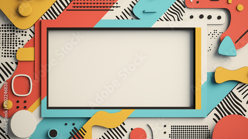 A pop-art style frame with bold primary colors and comic-style halftone patterns, overlaid with whimsical decorative shapes, retro aesthetic, perfect for playful design