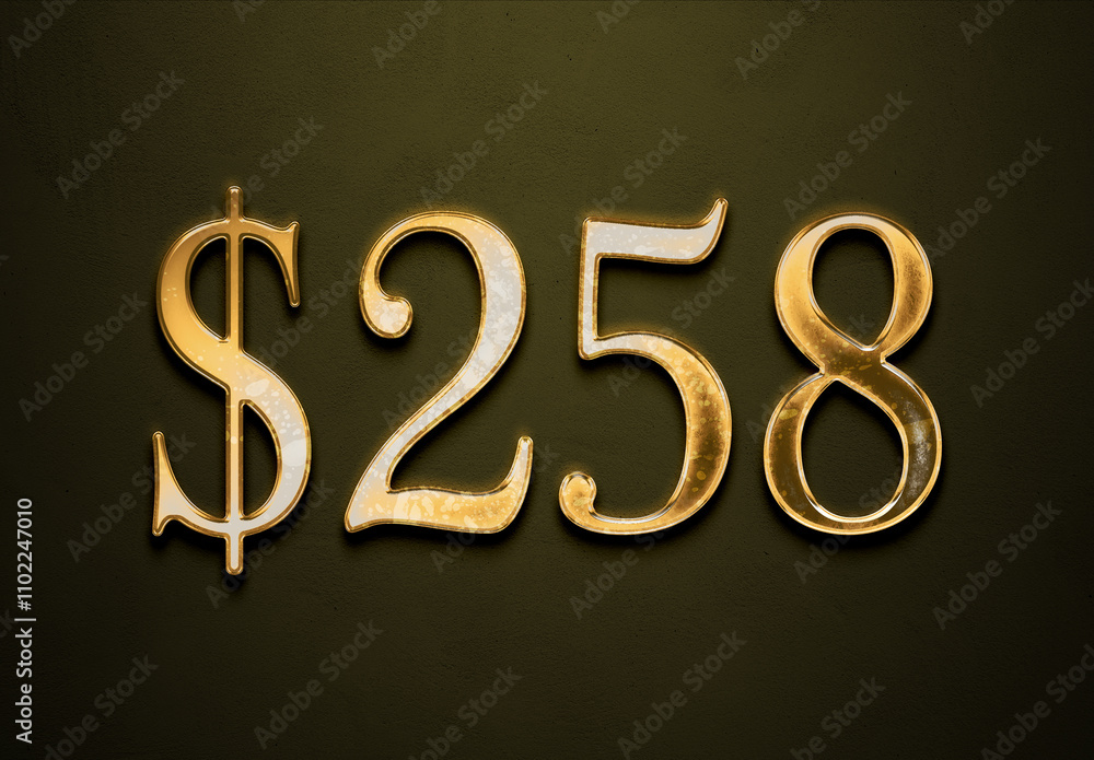 Old gold effect of 258 dollars with 3D glossy style Mockup. Old gold effect of 258 dollars with 3D glossy style Mockup.