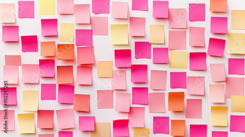  a white background with a pile of pink and yellow sticky notes scattered across it The notes are of various sizes and colors, creating a vibrant and eye-catching d