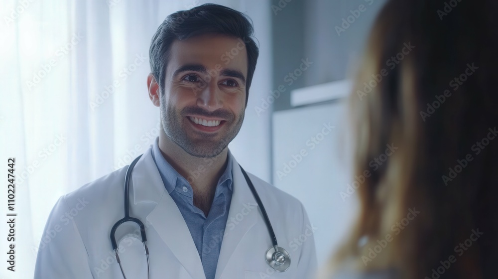 Male doctor with caring smile discussing with patient, medical office with bright light, professional attire, Male doctor with caring smile discussing with patient, medical office with bright light, professional attire,