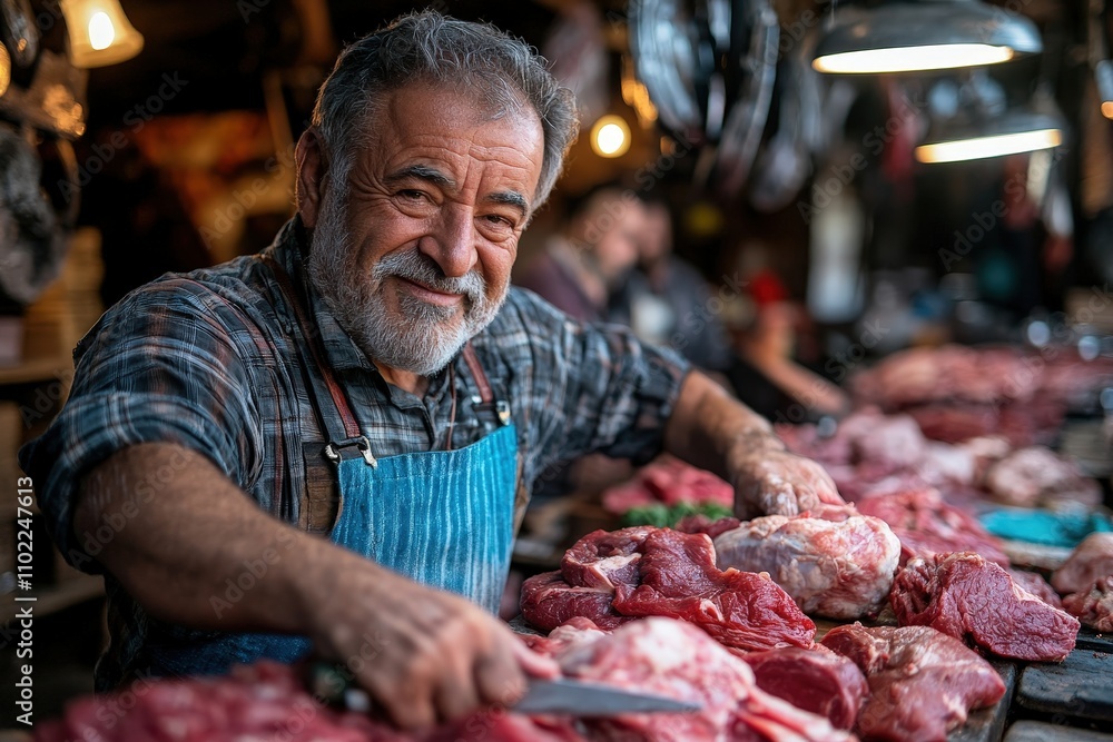 A cheerful butcher poses with a variety of fresh meats on his counter, capturing the lively and personal nature of local meat markets and the joy of craftsmanship in food preparation. A cheerful butcher poses with a variety of fresh meats on his counter, capturing the lively and personal nature of local meat markets and the joy of craftsmanship in food preparation.