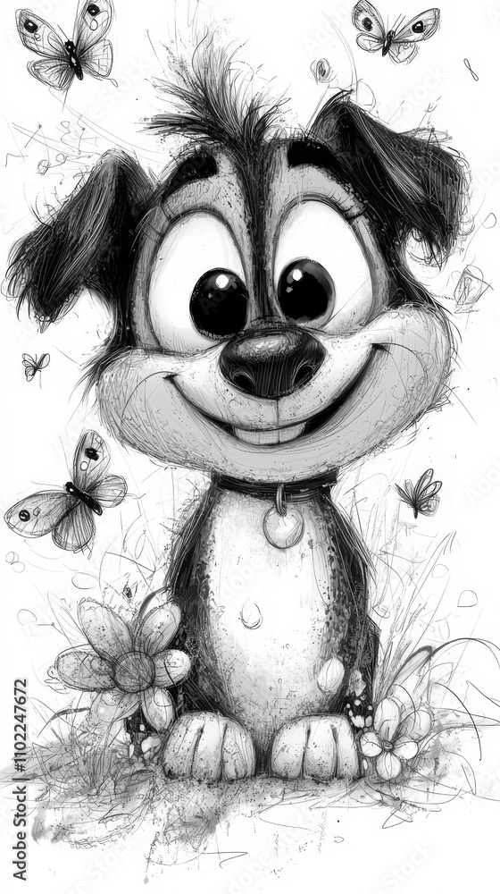 Fototapeta premium a black and white drawing of a dog with butterflies flying around it, set against a white background