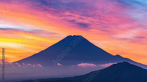 A stunning view of a volcano silhouetted against a vibrant, colorful sunset sky, with layered clouds adding depth and beauty to the scene.