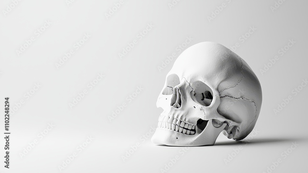 In this image I can see a white color skull The background is in white color In this image I can see a white color skull The background is in white color
