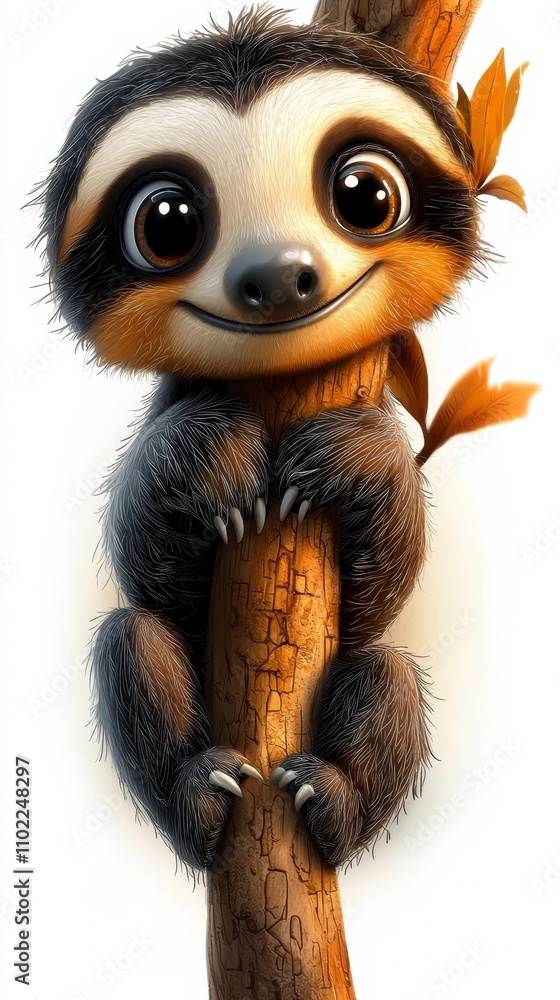 a cute baby sloth sitting on top of a tree branch, with a white background The sloth is animated, giving it a lively and cheerful look a cute baby sloth sitting on top of a tree branch, with a white background The sloth is animated, giving it a lively and cheerful look
