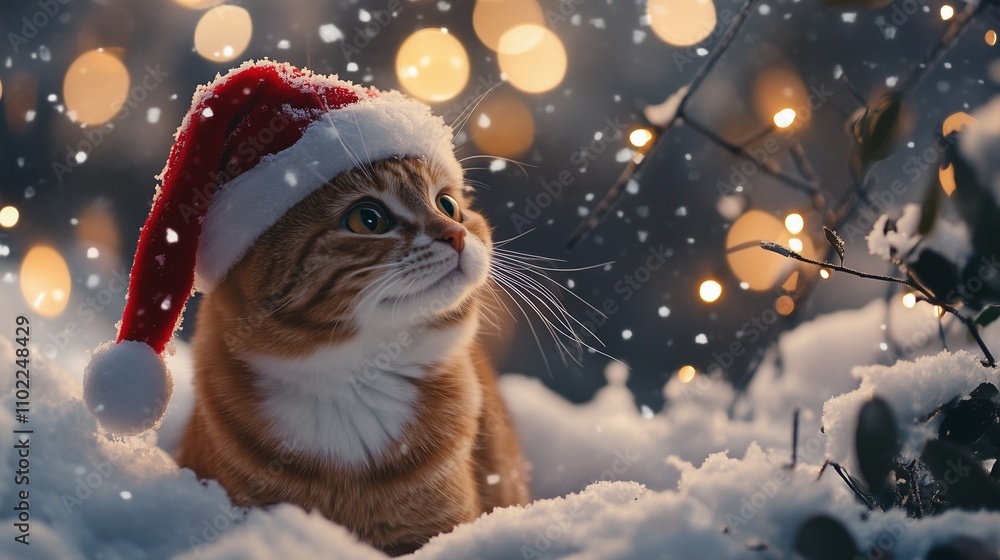 Fototapeta premium Cat in Santa Claus New Year's hat. Christmas background.