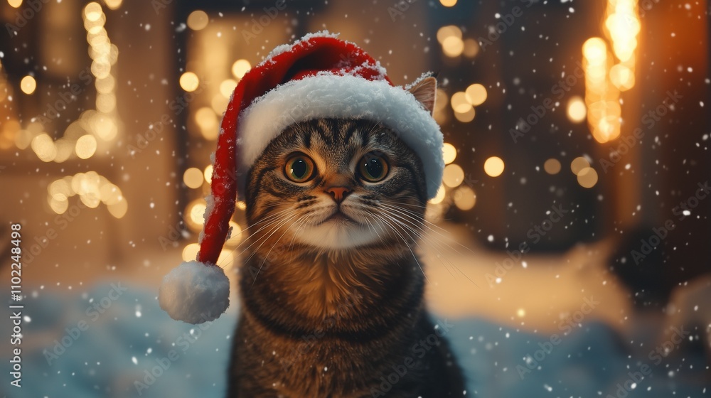 Cat in Santa Claus New Year's hat. Christmas background. Cat in Santa Claus New Year's hat. Christmas background.
