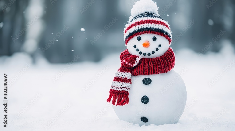 A cheerful snowman wearing a striped hat and scarf stands in a snowy landscape, surrounded by falling snowflakes. A cheerful snowman wearing a striped hat and scarf stands in a snowy landscape, surrounded by falling snowflakes.