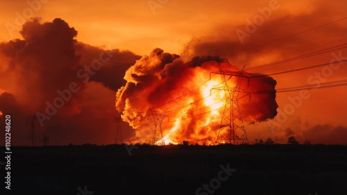 Dramatic Sunset Over Fiery Cloud Formation with Power Lines