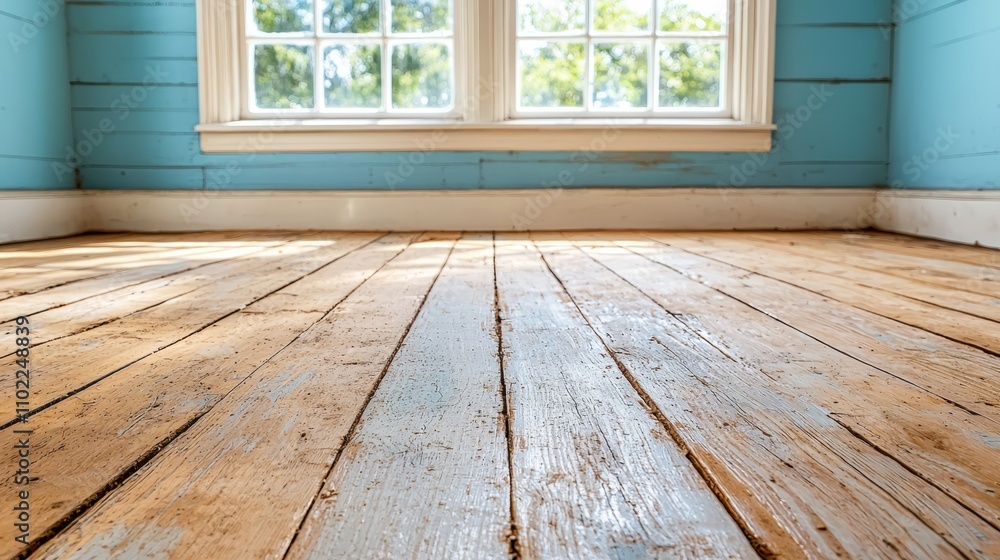  an empty room with blue walls and a window, through which we can see trees The floor is made of wood, giving the room a warm and inviting atmosphere